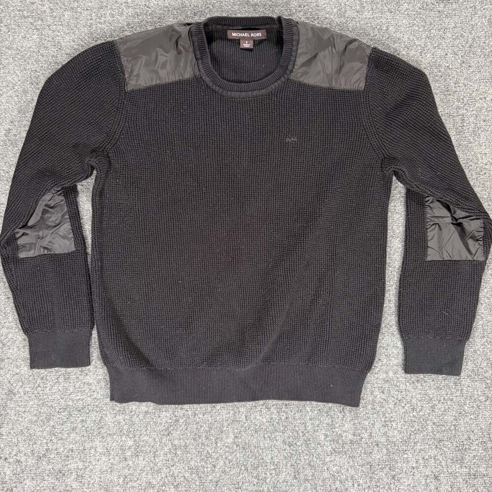 Michael Kors Men's Black Ribbed Knit Military Sweater Elbow and Shoulder Patches